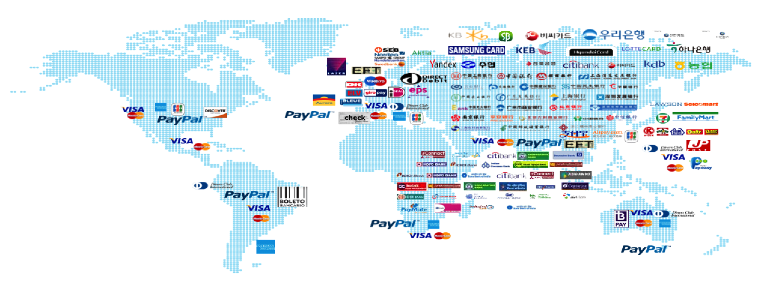 A world map covered with logos of local and global payment methods