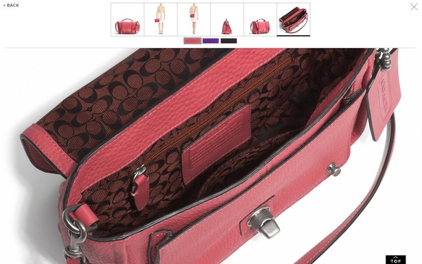 Coach product page showing the inside of the Bleecker Mini Brooklyn Messenger Bag