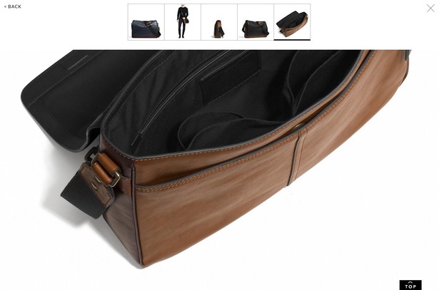 Coach product page showing the inside of a leather messenger bag