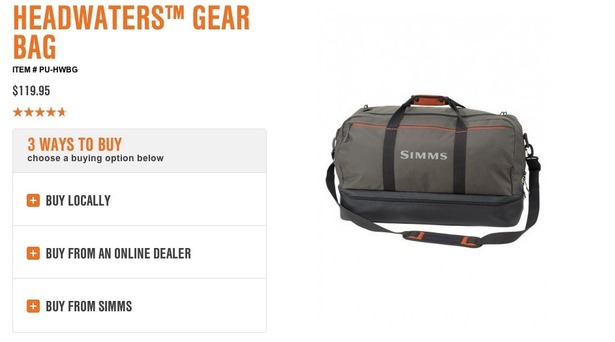 Simms product page showing the exterior of the Headwaters Gear Bag