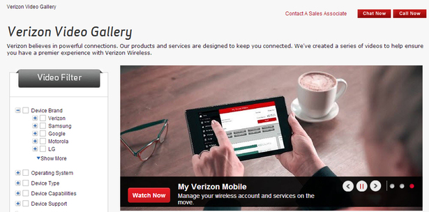 Verizon Video Gallery page showing on-site product videos